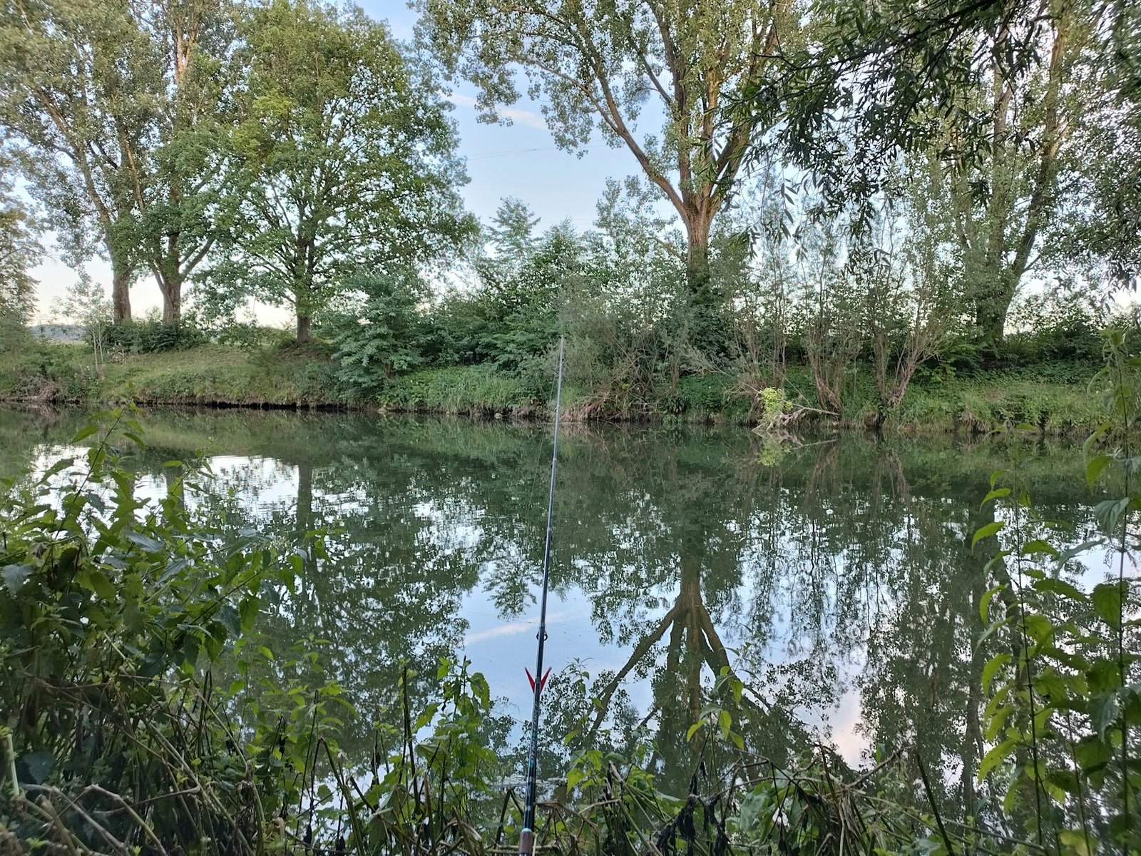 A wide shot of a lush Amazon riverbank, with fishing gear set up and a peaceful, green backdrop.